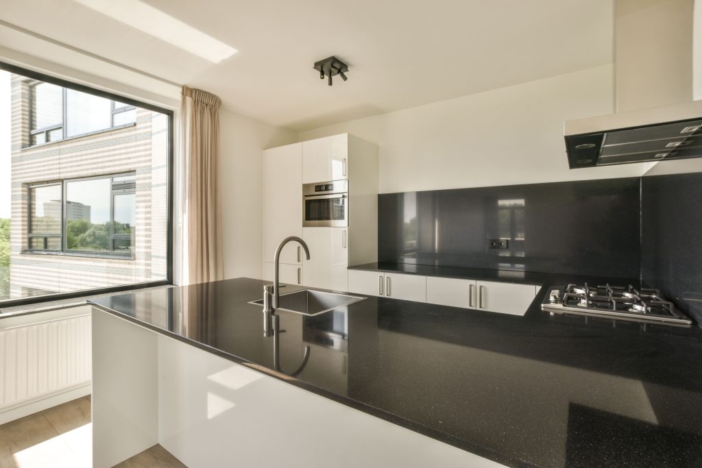 kitchen interior with black countertop