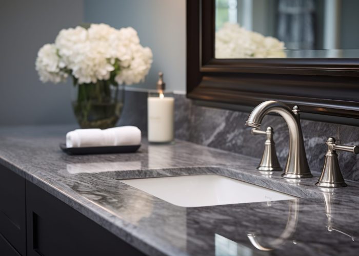 Granite bathroom countertops in a modern home.
