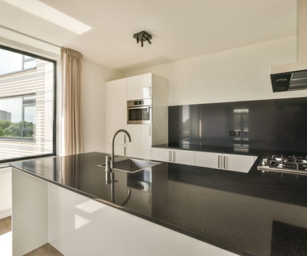 kitchen interior with black countertop